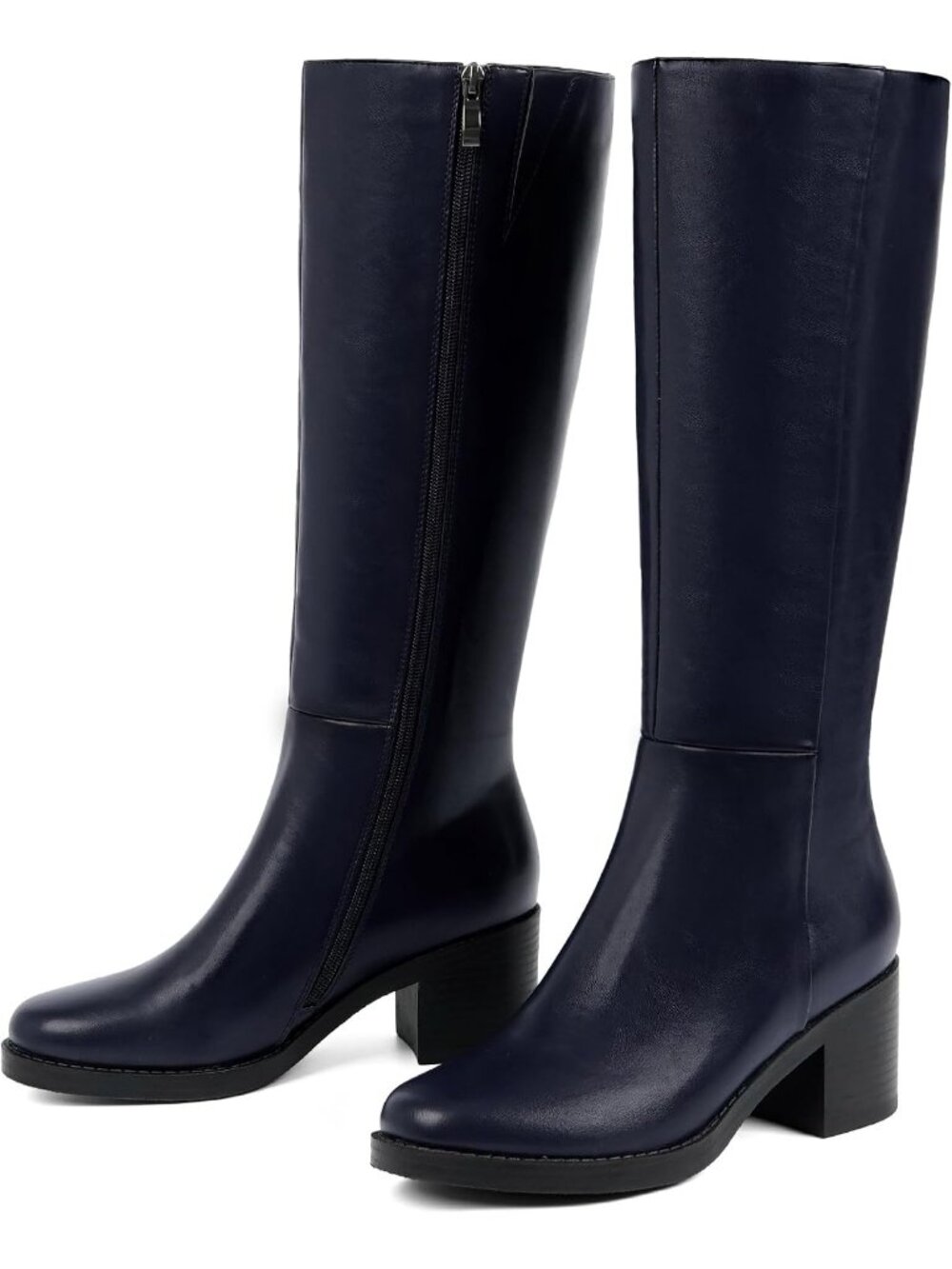 Women's Navy Blue Knee High Boots Chunky Low Block Heel Round Toe Boots Anti-sli - Picture 4 of 7